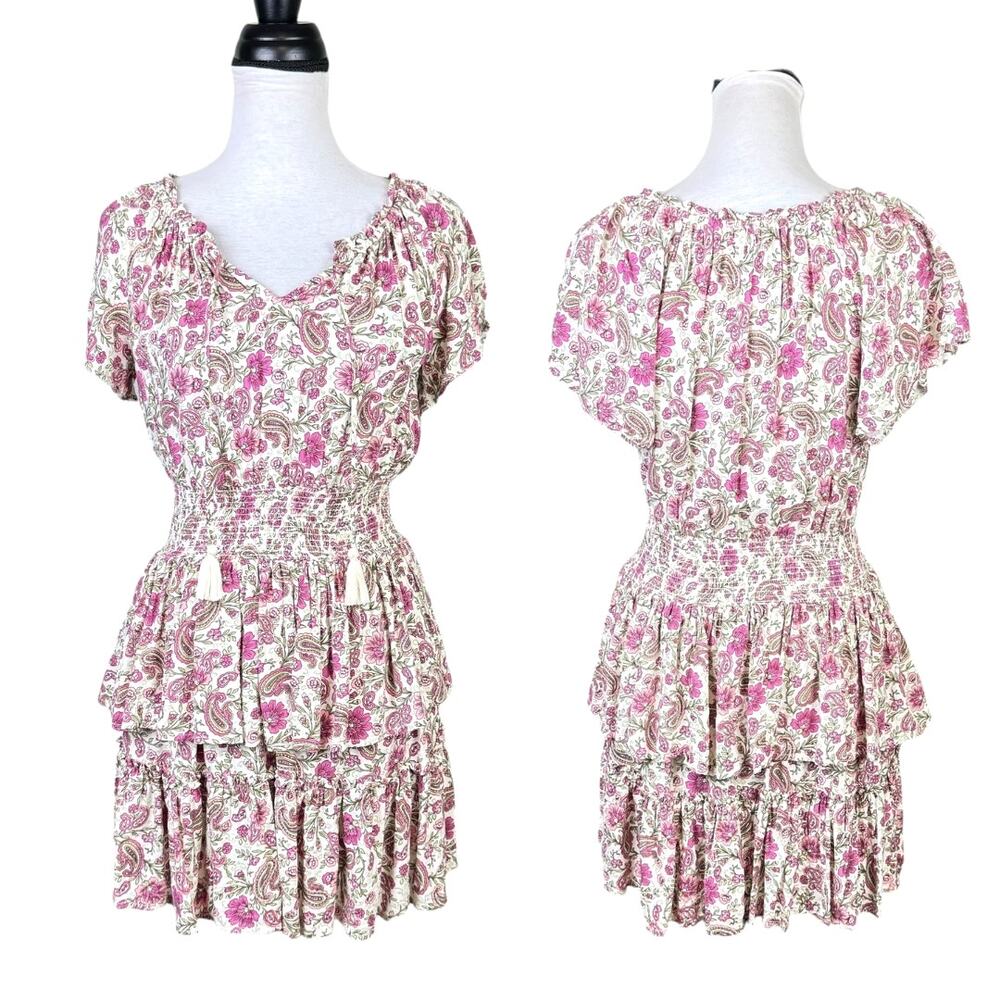 Patrons of Peace purple Pink Floral Paisley Print Smocked Peasant Mini Dress